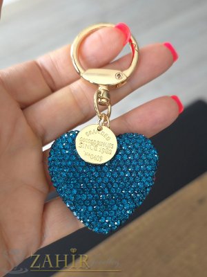 Уникално красиво кристално сърце талисман 4,5 на 4,5 см с двустранно разположени сини циркони на позлатен ключодържател 9 см - KL1206